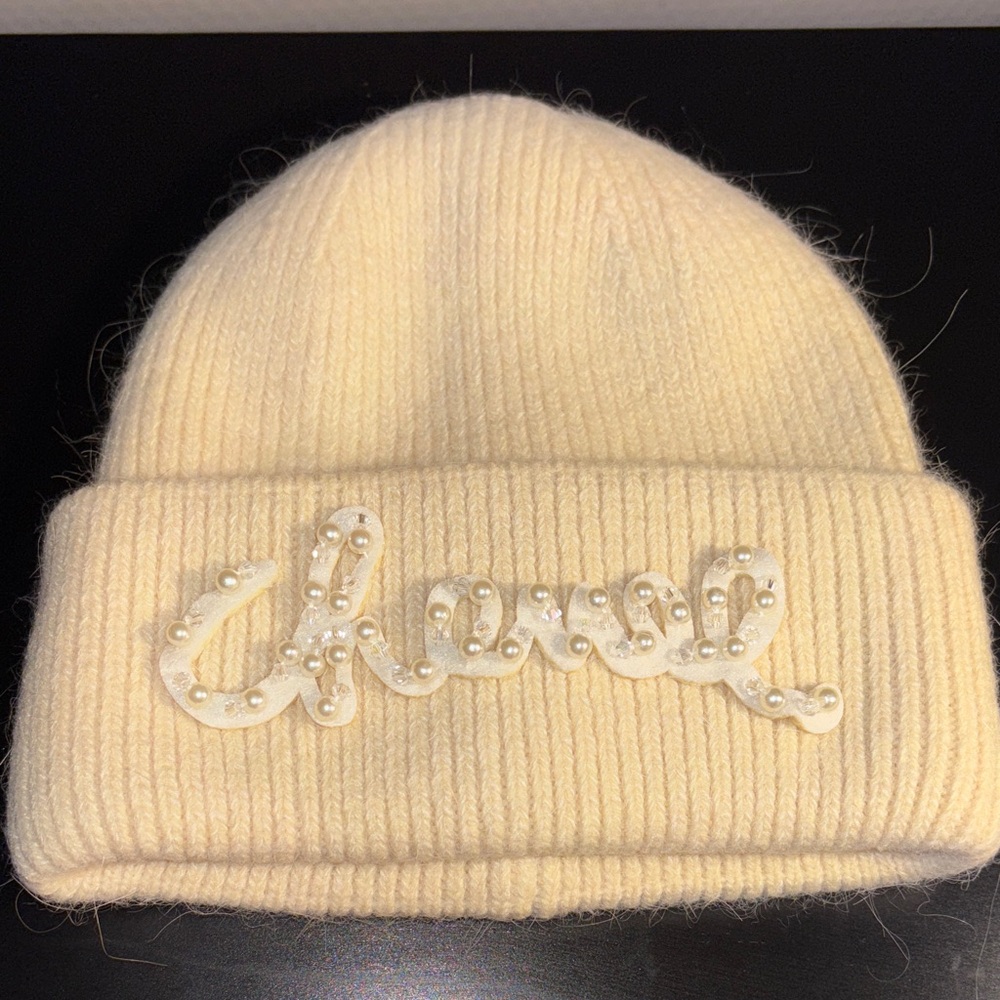 Cream Knit Beanie with Pearl Detail